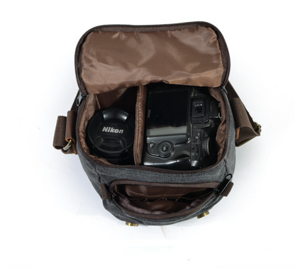 Small Canvas Camera Bag with Top-Grain Cowhide and Dividers
