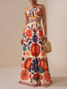 Sea print linen pan collar maxi dress