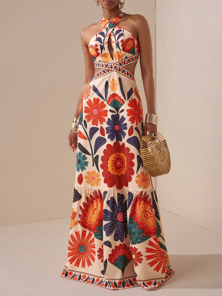 Sea print linen pan collar maxi dress
