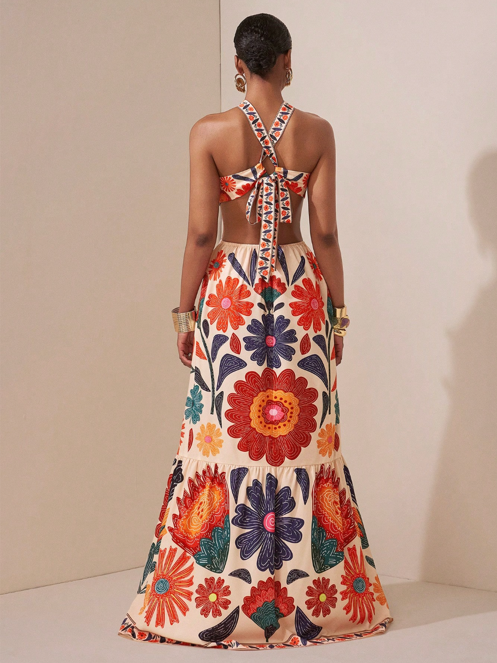 Sea print linen pan collar maxi dress