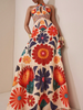 Sea print linen pan collar maxi dress