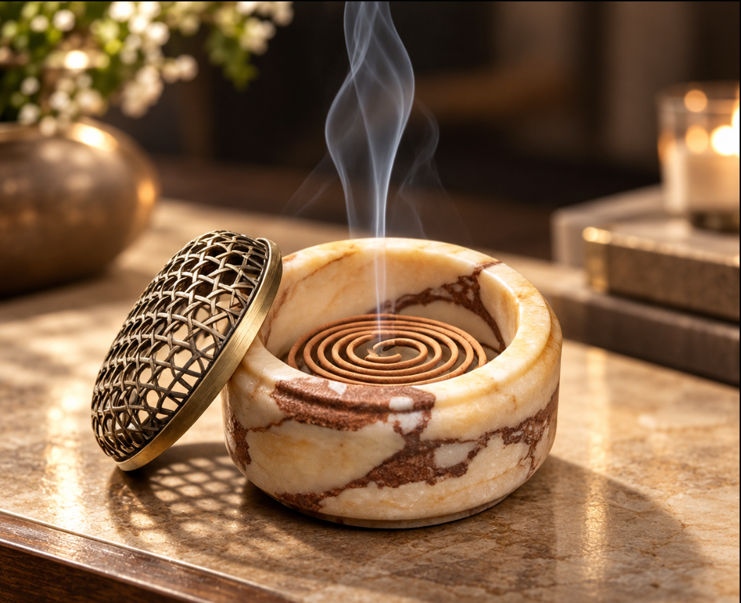 Incense Burner in Natural Marble with Decorative Metal Dome Lid