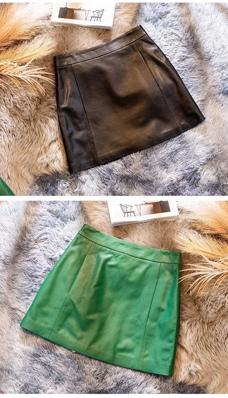 Women's mini leather skirt in black and green