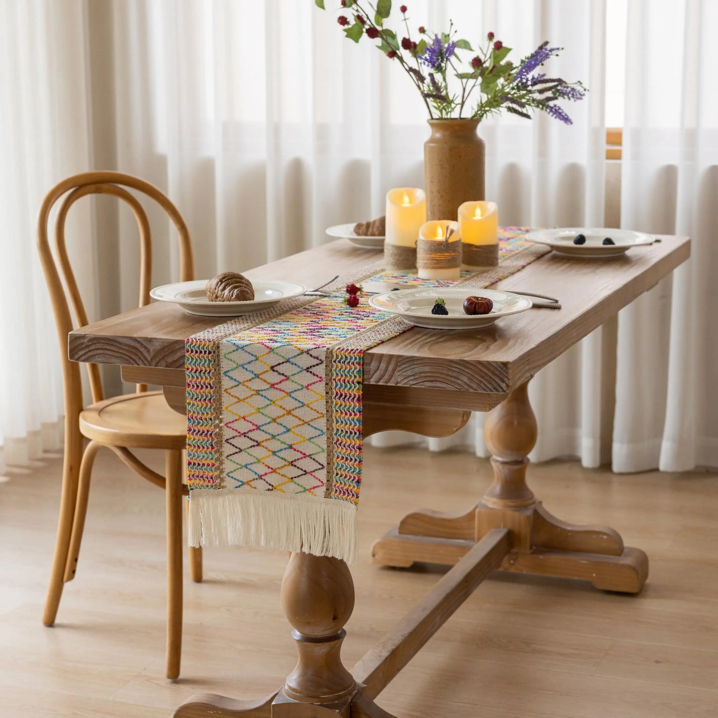 Geometric Boho Colorful Table Runner with Fringe