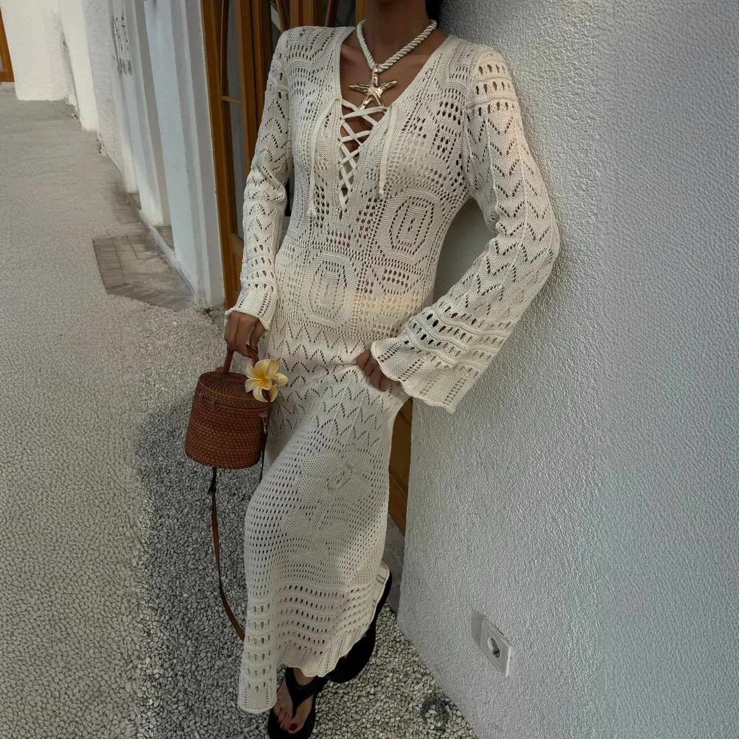 Summer knit hollow v neck beach maxi dress