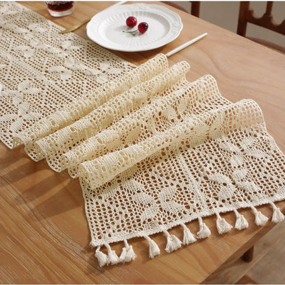 Boho Macrame Table Runner Cream Beige with Tassels