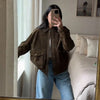Brown Faux Suede Jacket Women’s Moto Bomber with Pockets