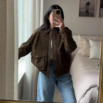 Brown Faux Suede Jacket Women’s Moto Bomber with Pockets