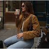 Brown Faux Suede Jacket Women’s Moto Bomber with Pockets