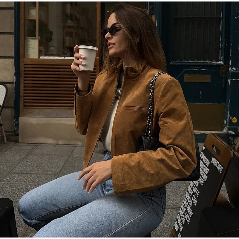 Brown Faux Suede Jacket Women’s Moto Bomber with Pockets