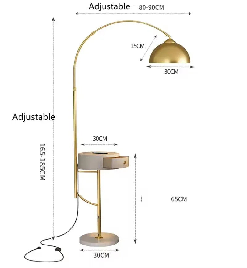 Modern arc floor lamp with wireless charging and drawer