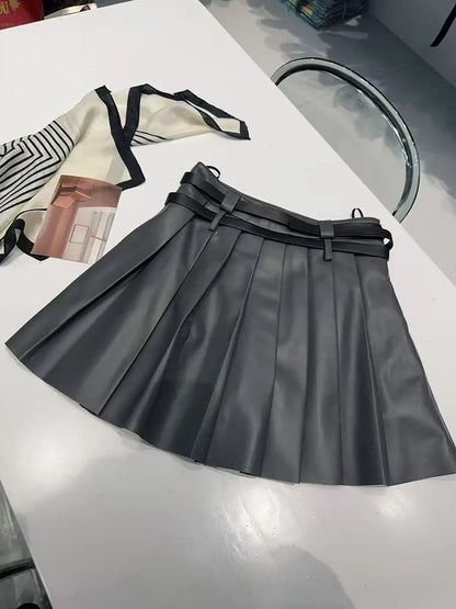 Pleather Mini Leather Skirt Double Waistband