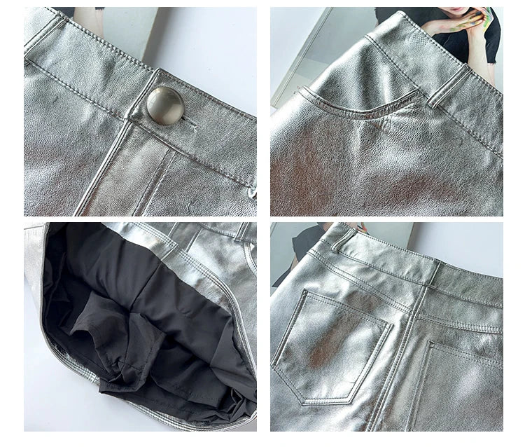 Women mini silver metallic skirt high waist