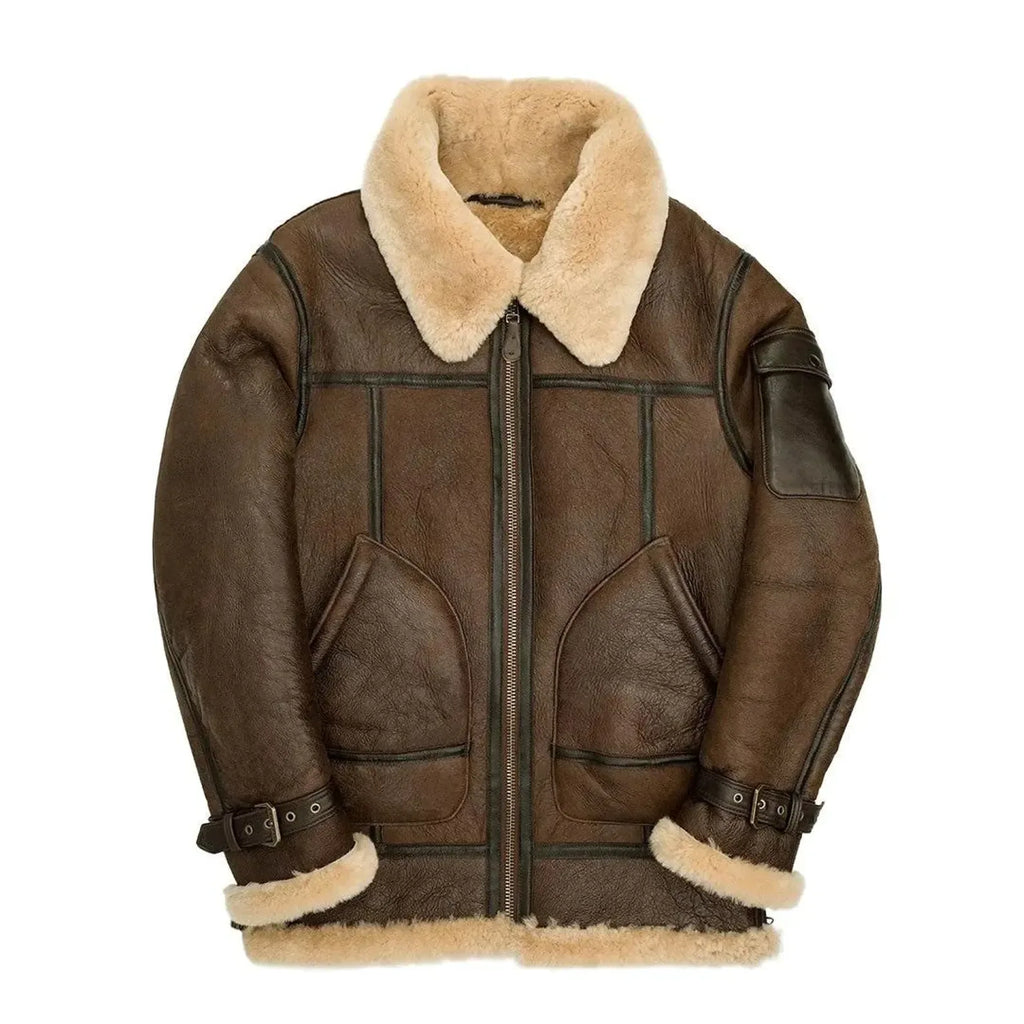 shearling lined aviator jacket mens real sheepskin flight coat