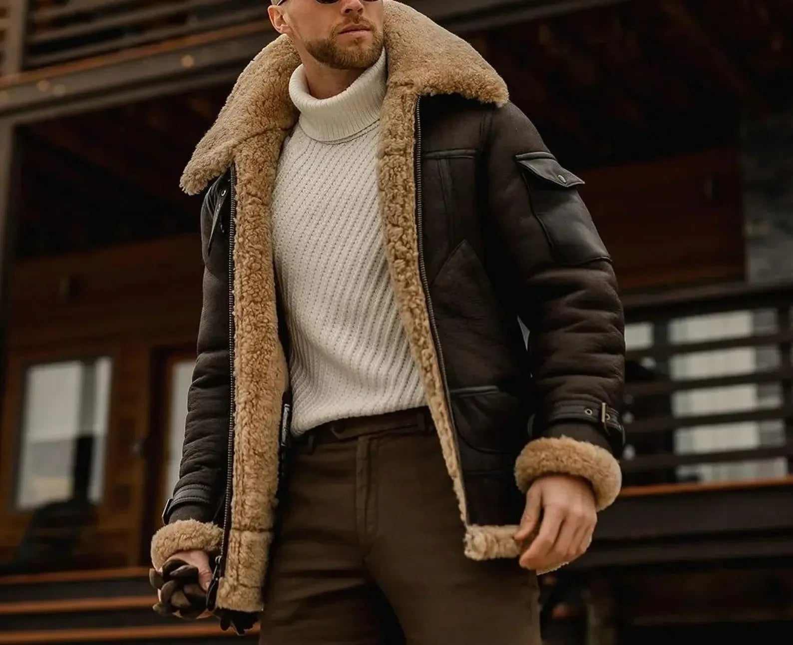 shearling lined aviator jacket mens real sheepskin flight coat