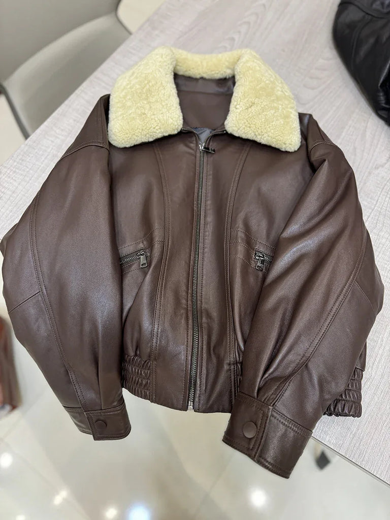 Women sheepskin leather bomber with wool collar Brown M