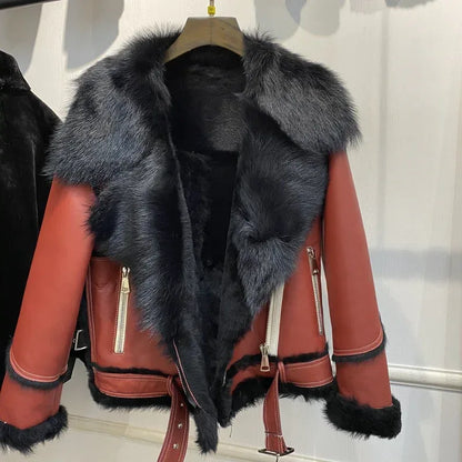 Women's Shearling Bomber Jacket in Rust Brown Leather