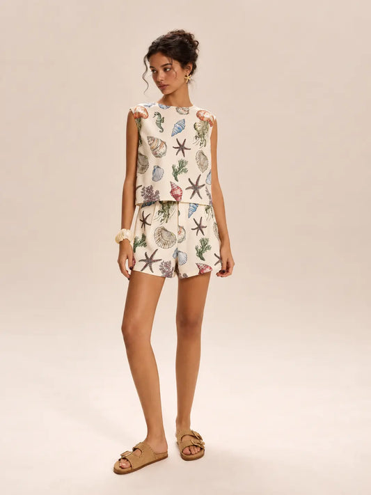 Shell Print Shorts Set with Sleeveless Top and Sea Life Motifs