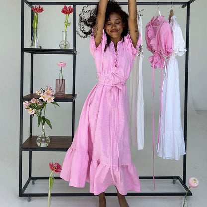 white v neck tie waist maxi dress with puff sleeves Pink S
