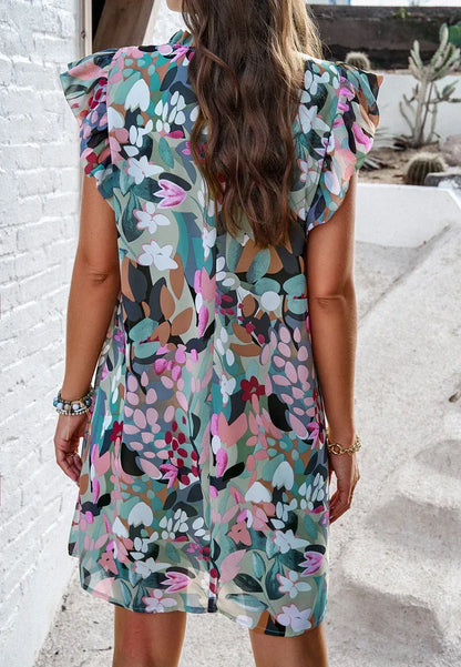 A-Line Short Flowy Summer Dress With Floral Print Hem