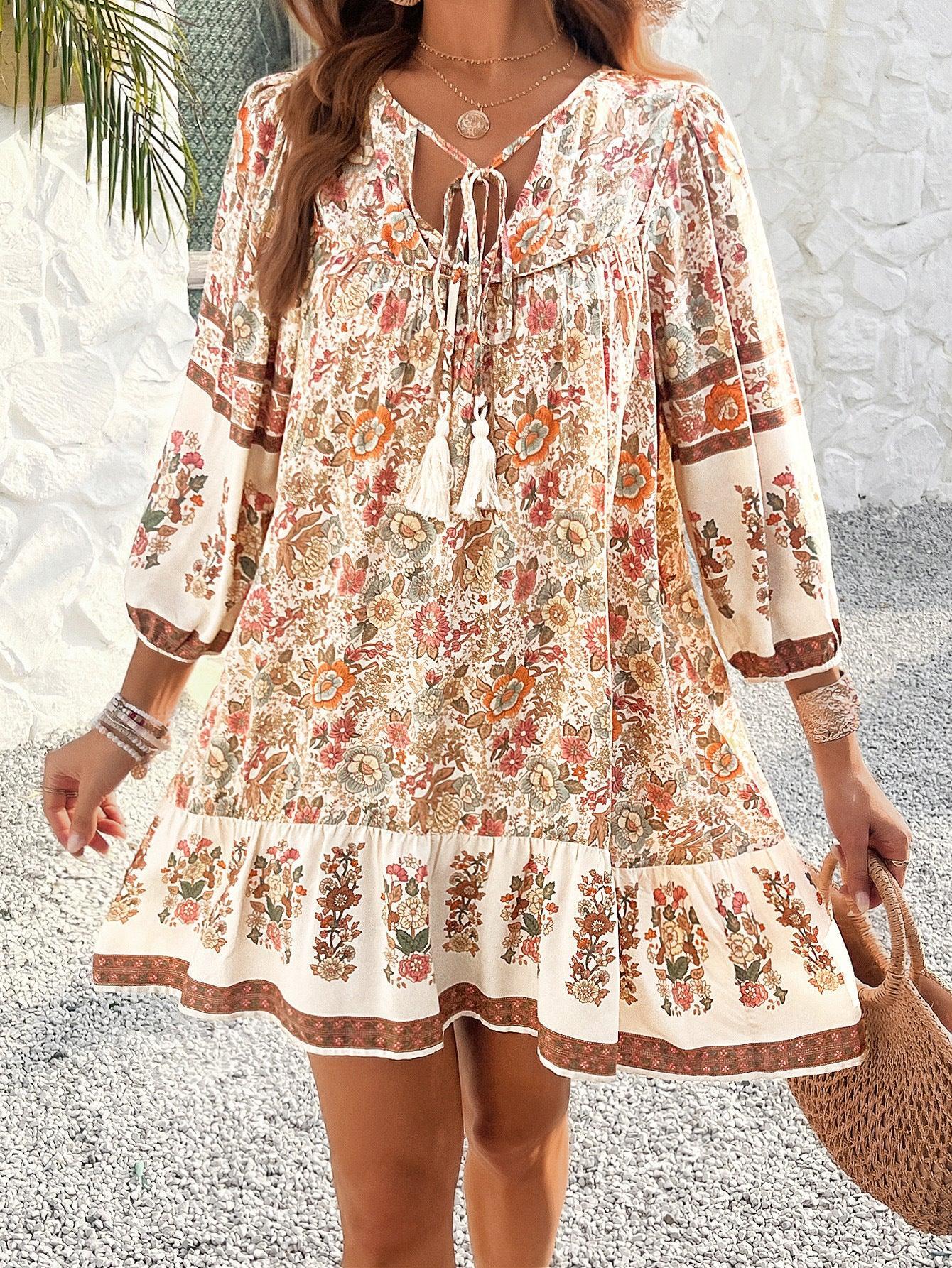 Floral Boho Mini Cute Short Flowy Dress With Tassels