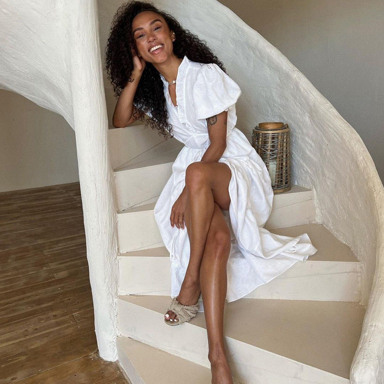 white v neck tie waist maxi dress with puff sleeves
