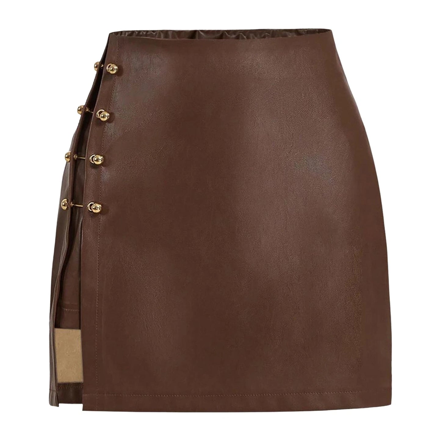 High-waisted brown faux leather bodycon pencil skirt