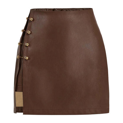 High-waisted brown faux leather bodycon pencil skirt