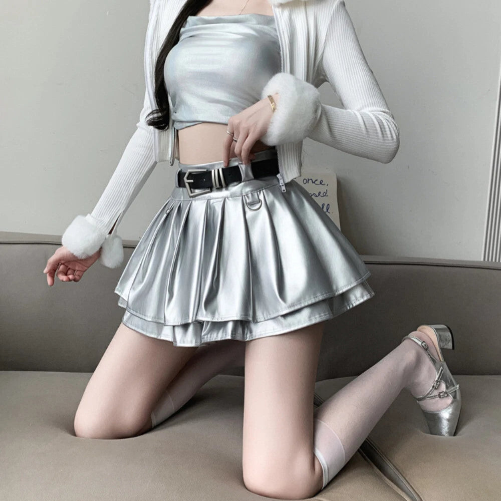 Silver metallic faux leather mini skirt