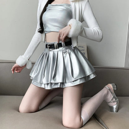 Silver metallic faux leather mini skirt