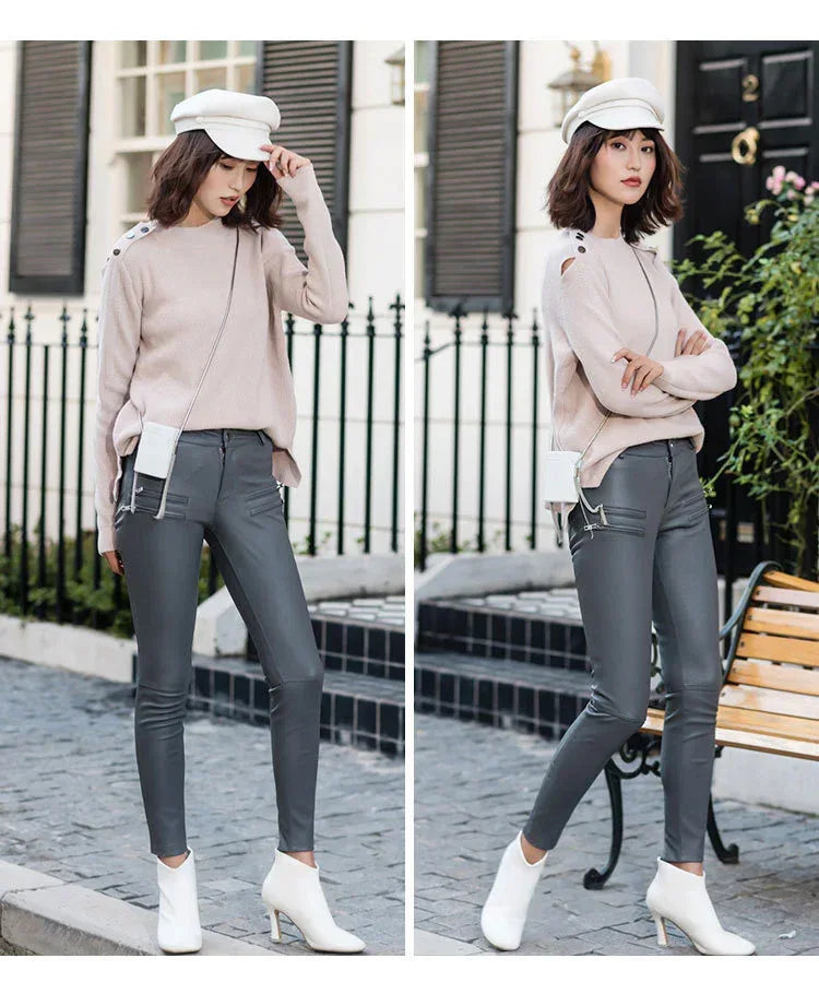 Women's Skinny Sheepskin Leather Pants with Zippers