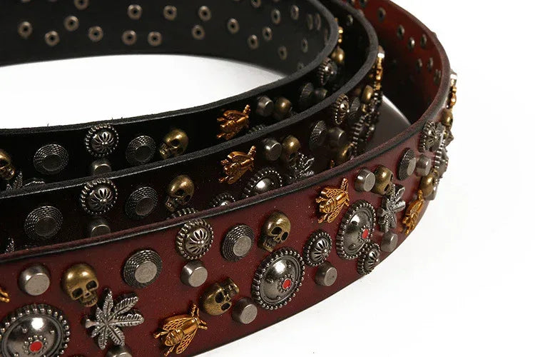 Studded Leather Belt with Skull and Bee Rivets