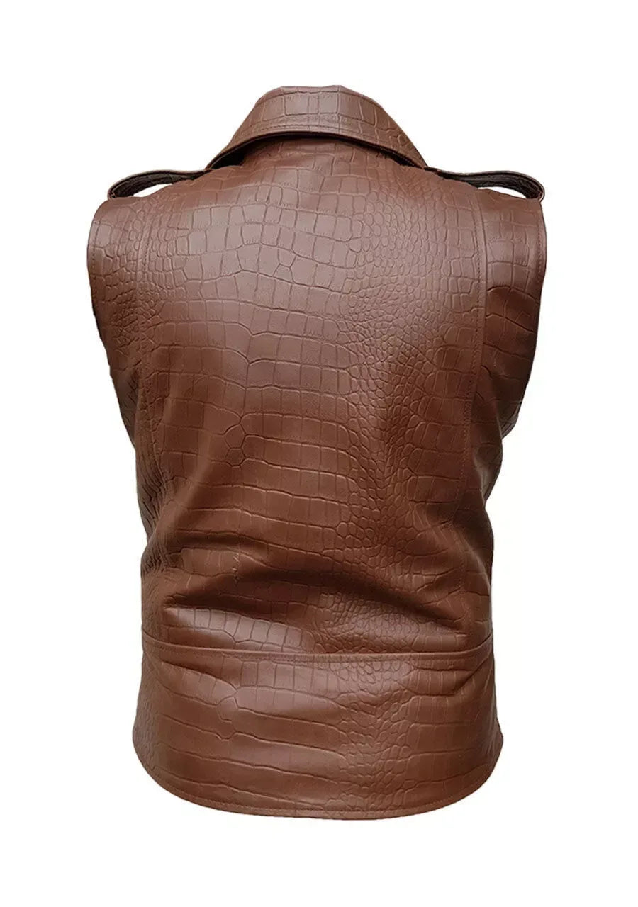 Men’s Brown Croc Embossed Leather Biker Vest