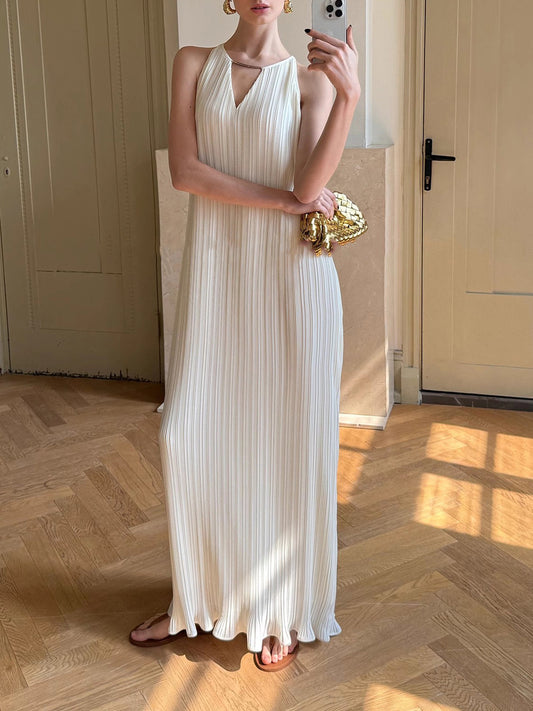 Pleated chiffon halter maxi summer dress 1 S