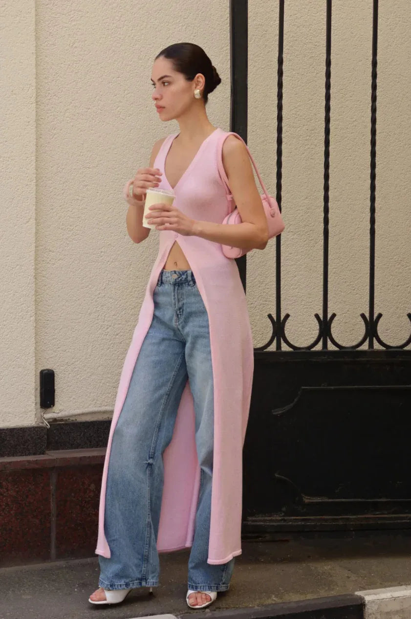 Long Sleeveless Knit Cardigan with Button Front