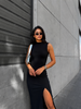 Sleeveless ribbed midi dress with side slit and mock neck