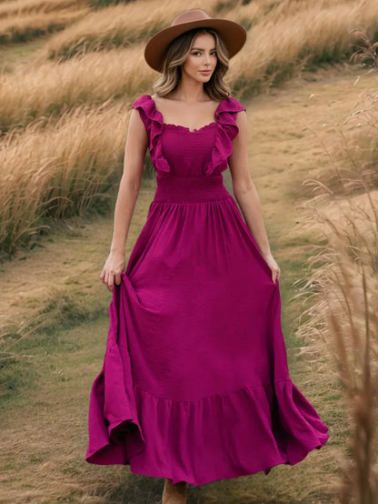 Hot Pink Ruffle Maxi Dress with Square Neck