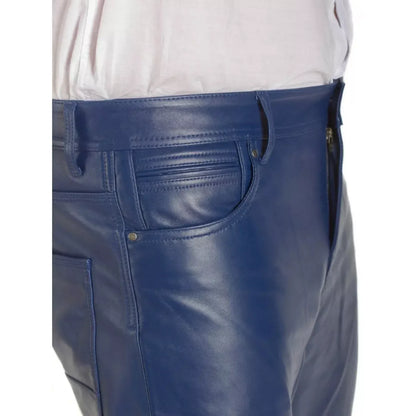 Blue leather pants mens slim fit trouser