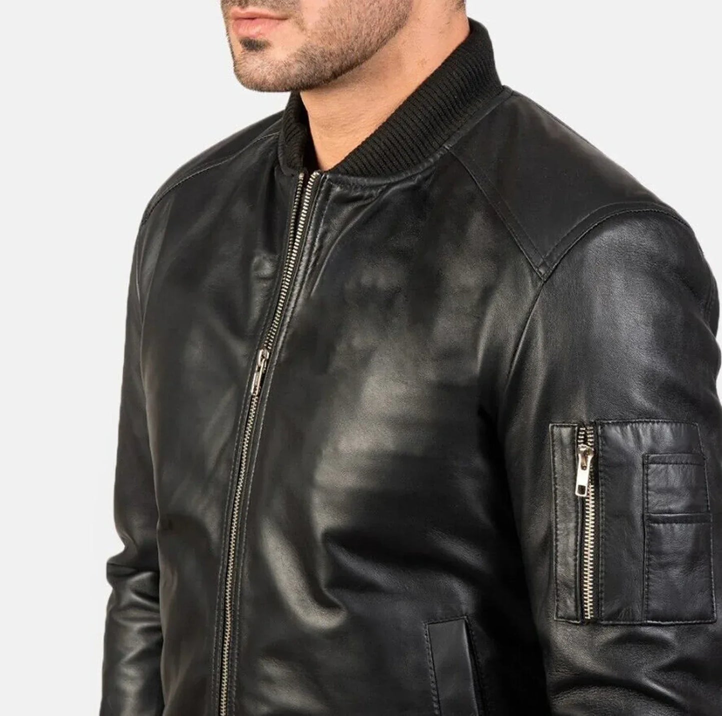 Black Leather Biker Jacket for Men Slim Fit