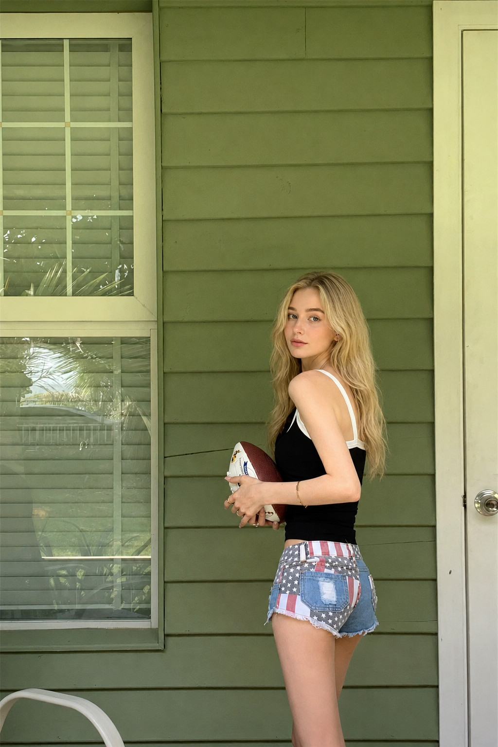Low rise denim shorts with flag print and frayed hem