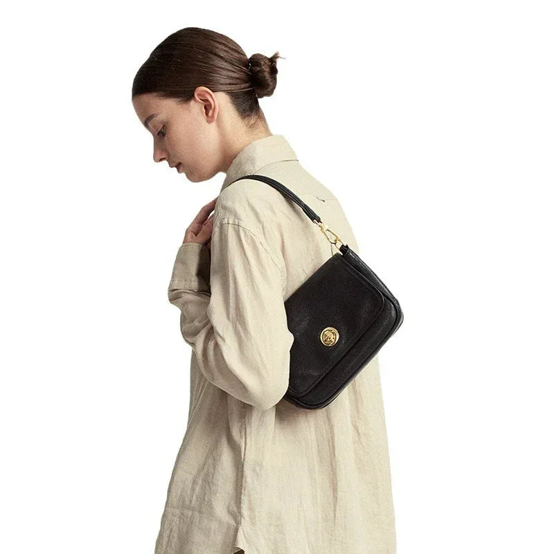 Small Genuine Leather Shoulder Bag with Flap Closure