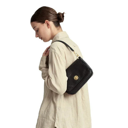 Small Genuine Leather Shoulder Bag with Flap Closure