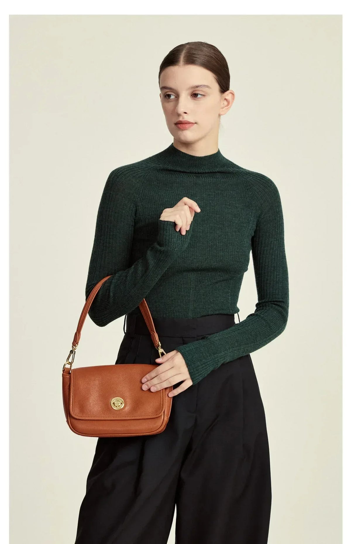Small Genuine Leather Shoulder Bag with Flap Closure