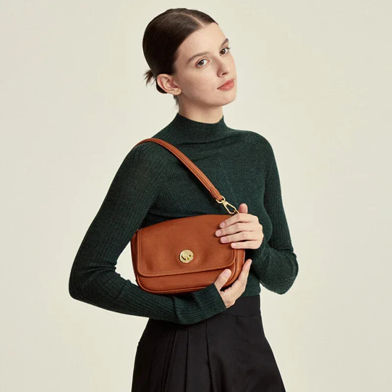 Small Genuine Leather Shoulder Bag with Flap Closure Brown