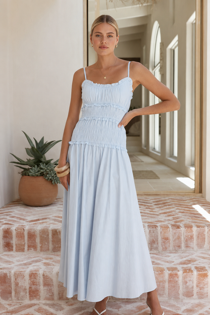 Smocked Spaghetti Strap Ruffle Trim Beach Maxi Dress
