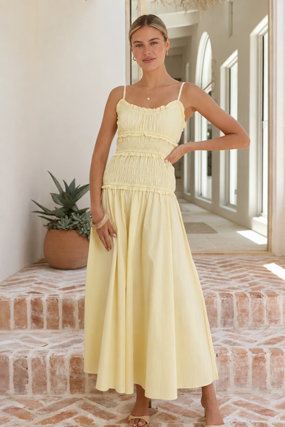 Smocked Spaghetti Strap Ruffle Trim Beach Maxi Dress