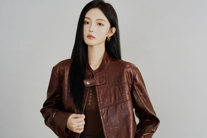 Genuine Leather Zip Up Women Jacket Brown Moto Biker Style