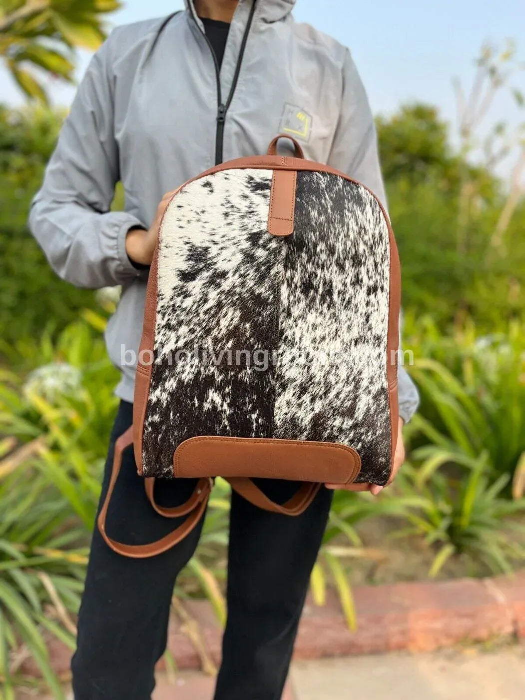 Black White Cowhide Backpack with Brown Leather Trim