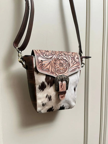 Tooled Cowhide Crossbody Bag with Western Leather Flap
