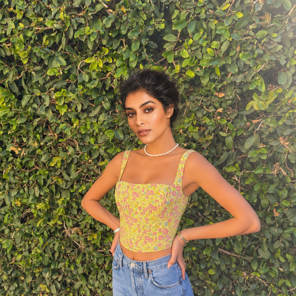 Square neck crop top with green floral print